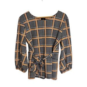 Worthington black orange houndstooth print self tie waist band career blouse M